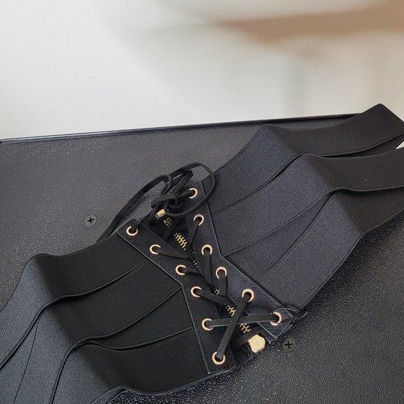 Black Wide Corset Wide Waist Corset Cinch Belt Leather Gold Metal Zipper - Picture 6 of 8